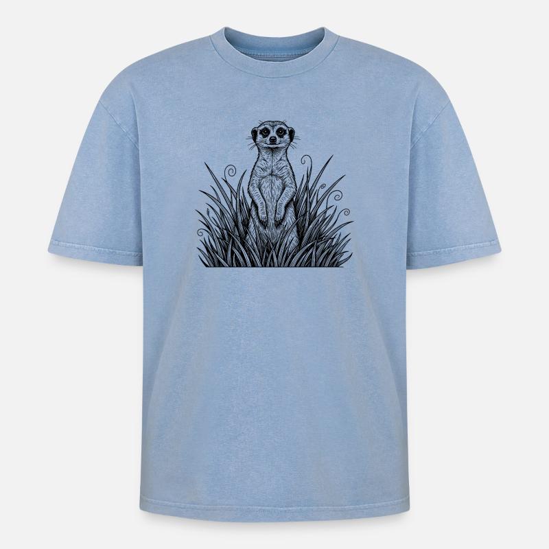 Erdmännchen im Gras - Oversized Unisex Premium Acid-Washed T-Shirt - Blau Acid Wash