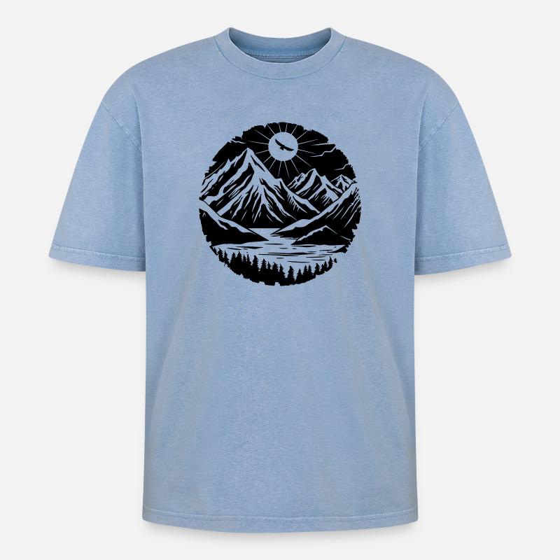 Berglandschaft Silhouette - Oversized Unisex Premium Acid-Washed T-Shirt - Blau Acid Wash