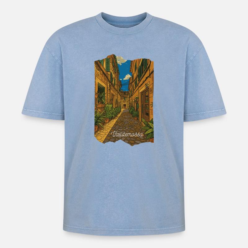Valldemossa - Mallorca - Oversized Unisex Premium Acid-Washed T-Shirt - Blau Acid Wash