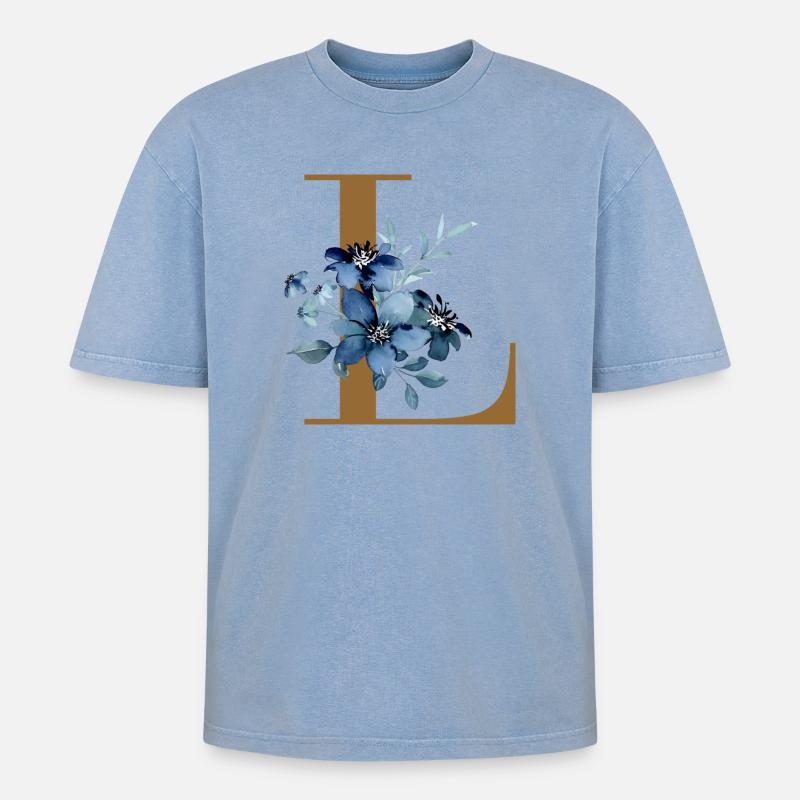 Blaues Blumen Monogramm Design Buchstabe L - Oversized Unisex Premium Acid-Washed T-Shirt - Blau Acid Wash