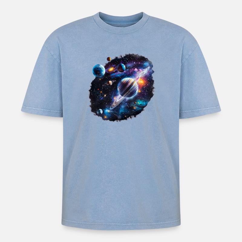 Galactic Planetary System Pattern - Oversized Unisex Premium Acid-Washed T-Shirt - acid washed blue