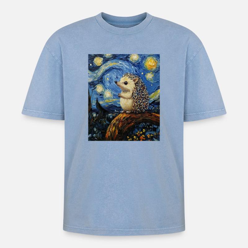  Igel Van Gogh Style Starry Night - Oversized Unisex Premium Acid-Washed T-Shirt - Blau Acid Wash