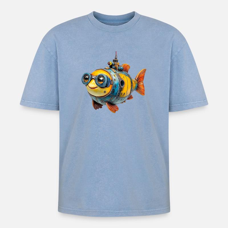 Steampunkfisch mit Brille - Oversized Unisex Premium Acid-Washed T-Shirt - Blau Acid Wash