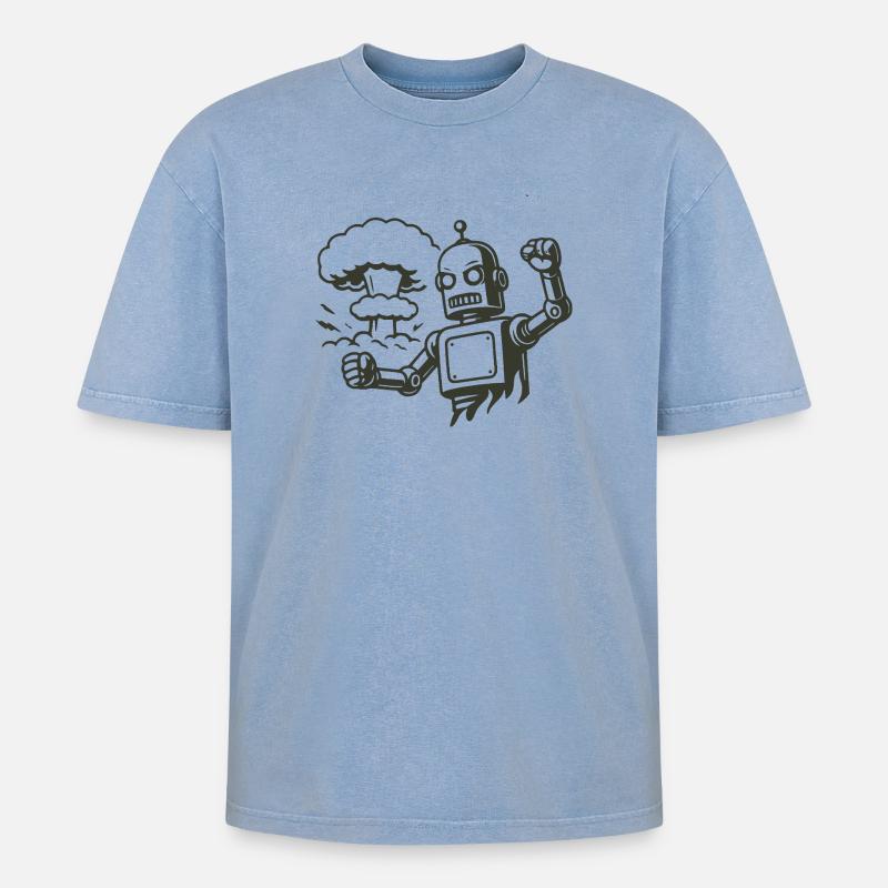 Retro Roboter vor Explosionswolke - Oversized Unisex Premium Acid-Washed T-Shirt - Blau Acid Wash