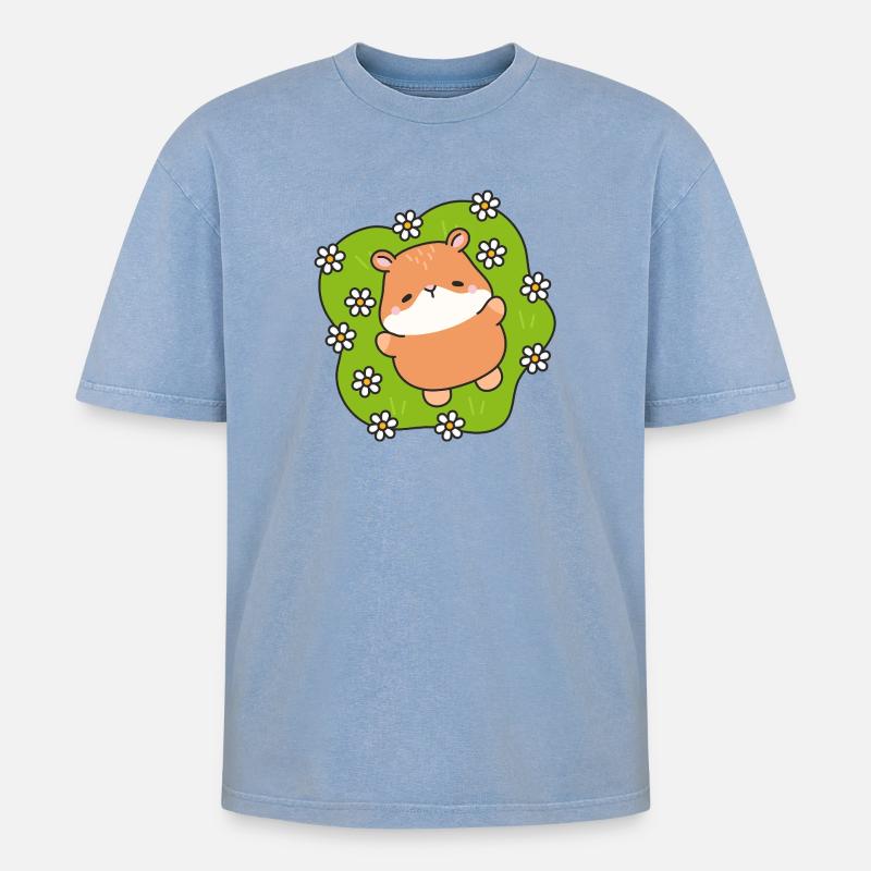 Gänseblümchen-Feldhamster - Oversized Unisex Premium Acid-Washed T-Shirt - Blau Acid Wash