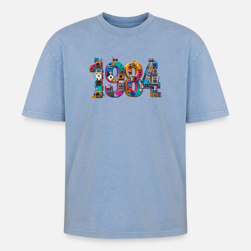 1984 – Abitur, Geburt oder Heirat  - Oversized Unisex Premium Acid-Washed T-Shirt - Blau Acid Wash