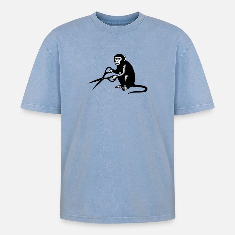 Affe mit Schere Silhouette - Oversized Unisex Premium Acid-Washed T-Shirt - Blau Acid Wash