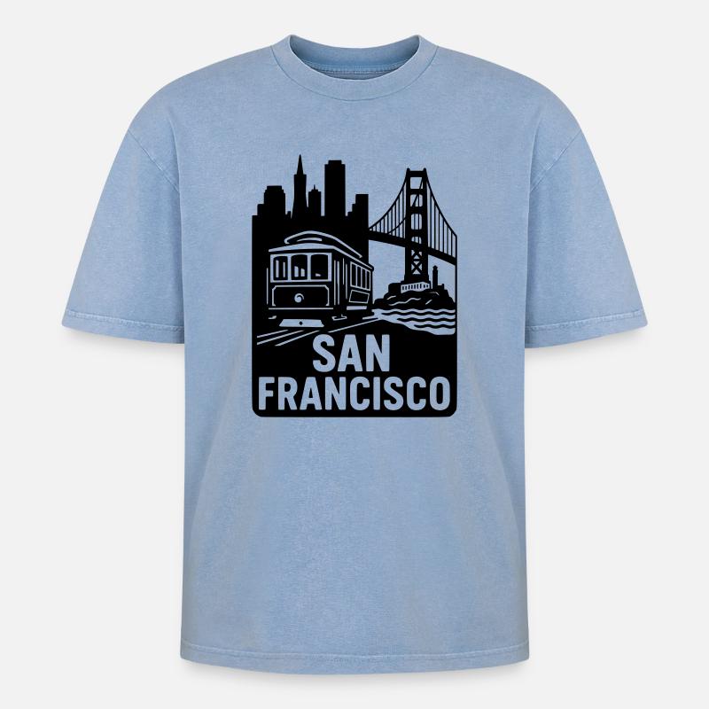 San Francisco Silhouette - Oversized Unisex Premium Acid-Washed T-Shirt - Blau Acid Wash