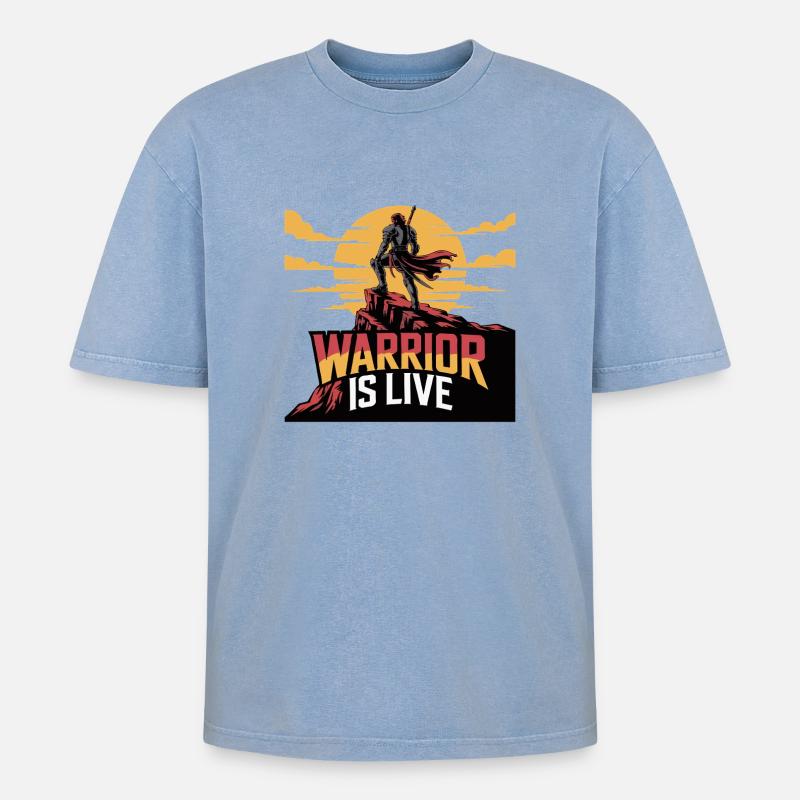 Warrior On Cliff Sunset - Oversized Unisex Premium Acid-Washed T-Shirt - acid washed blue
