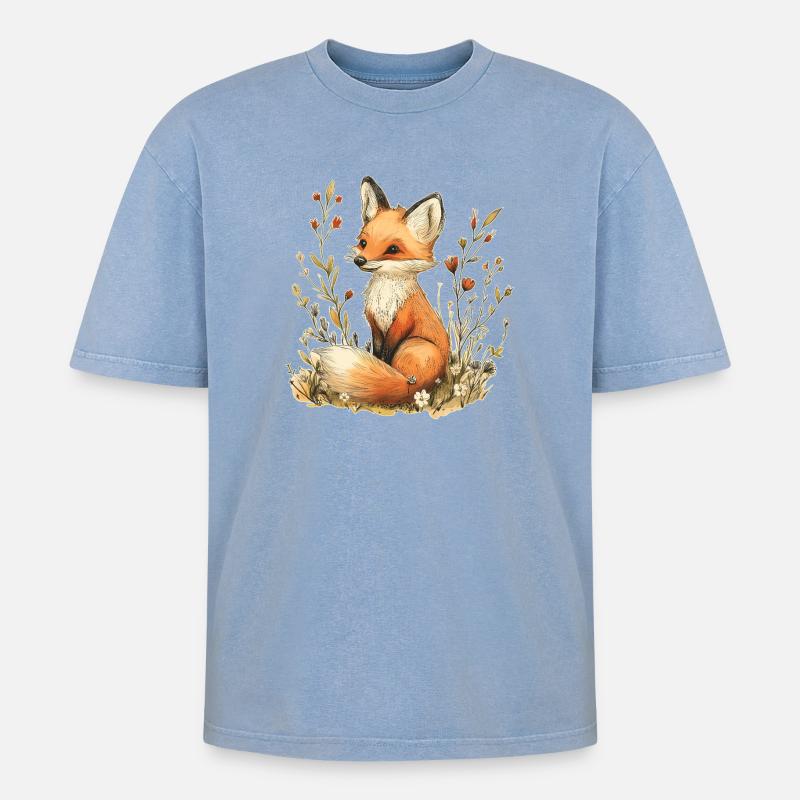 Fuchs mit Blumen - Oversized Unisex Premium Acid-Washed T-Shirt - Blau Acid Wash