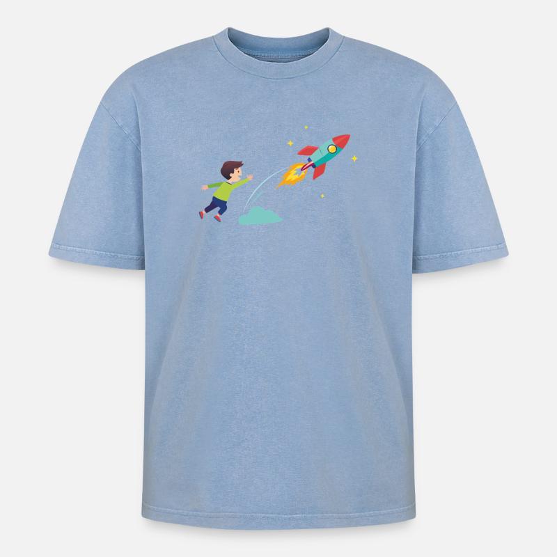 Kid Rocket Launch Abenteuer - Oversized Unisex Premium Acid-Washed T-Shirt - Blau Acid Wash