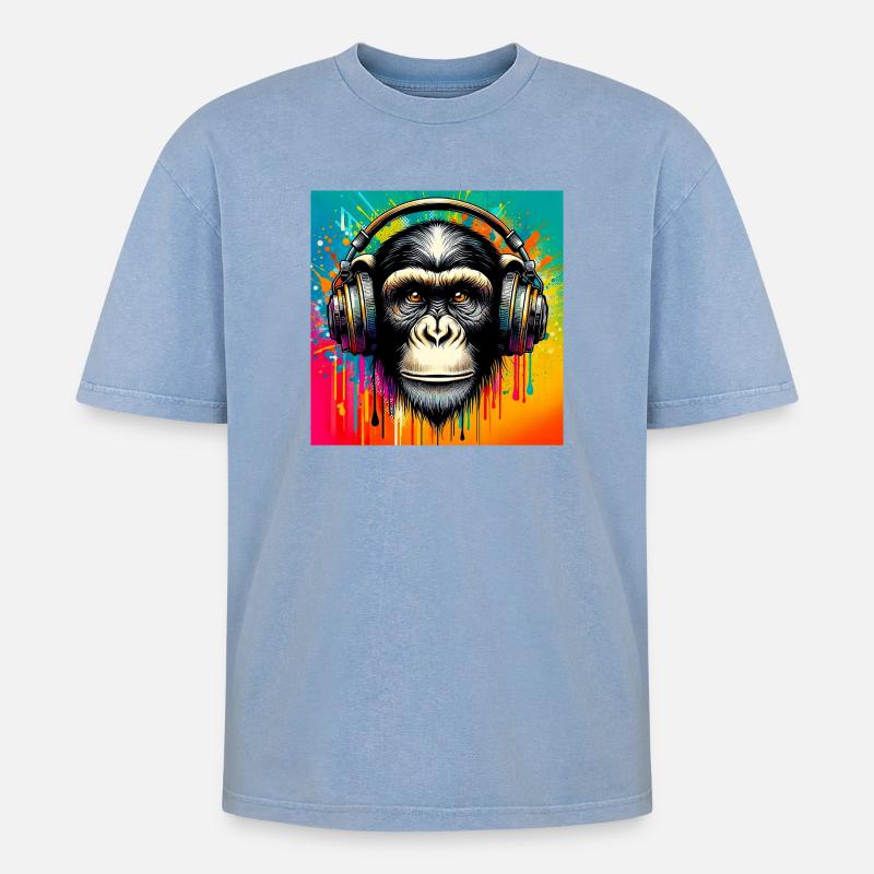 Schimpansen-Affe - Oversized Unisex Premium Acid-Washed T-Shirt - Blau Acid Wash