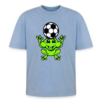 Frosch Fußball Kopfball Köpfer Ball Spielen Kröte - Oversized Unisex Premium Acid-Washed T-Shirt - Blau Acid Wash - Vorne - AI Model Female 172 dark (172cm) & AI Model Male 185 dark (185cm)