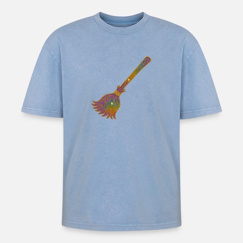 Rainbow Glitter Broom Magic - Oversized Unisex Premium Acid-Washed T-Shirt - acid washed blue
