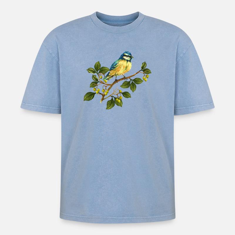 Bunter Vogel - Oversized Unisex Premium Acid-Washed T-Shirt - Blau Acid Wash
