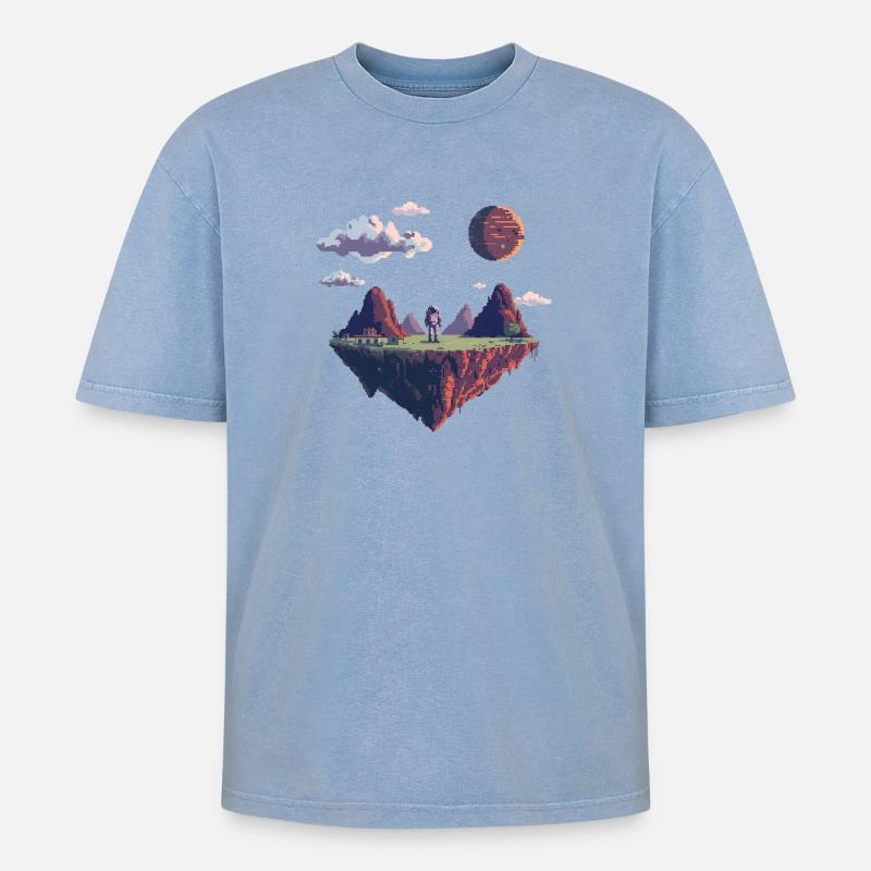8-Bit Pixel Astronaut auf Schwebender Insel - Oversized Unisex Premium Acid-Washed T-Shirt - Blau Acid Wash