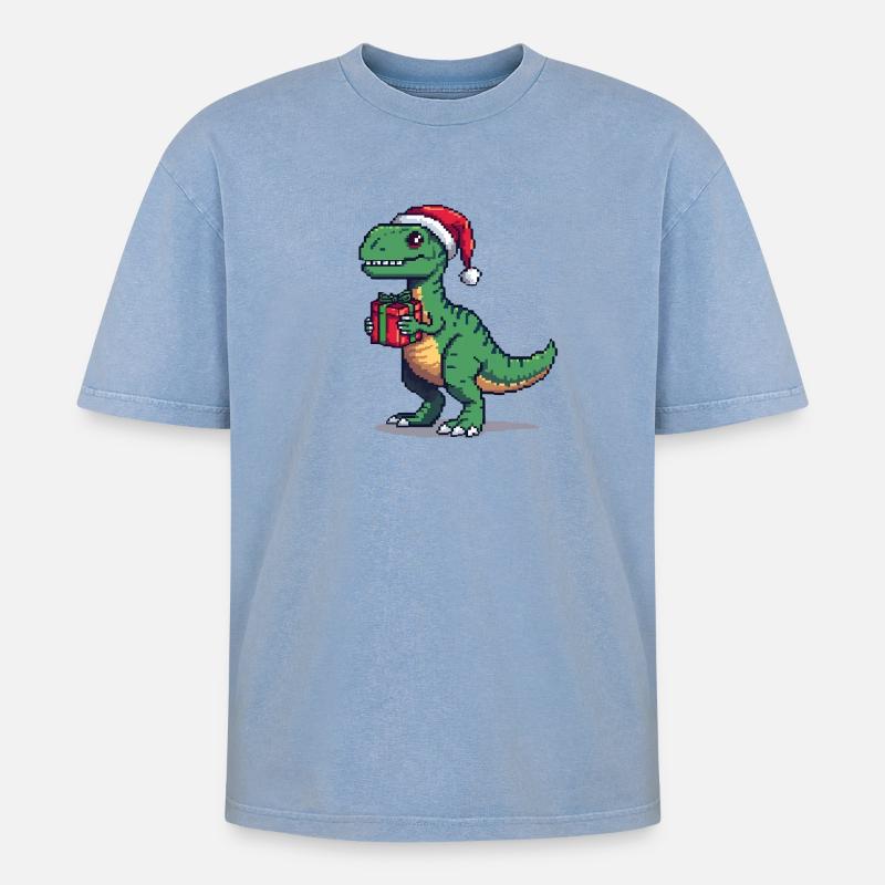 Vélociraptor 8 bits Pixel Noël - T-shirt Premium unisexe oversize acid-washed - bleu délavé acide