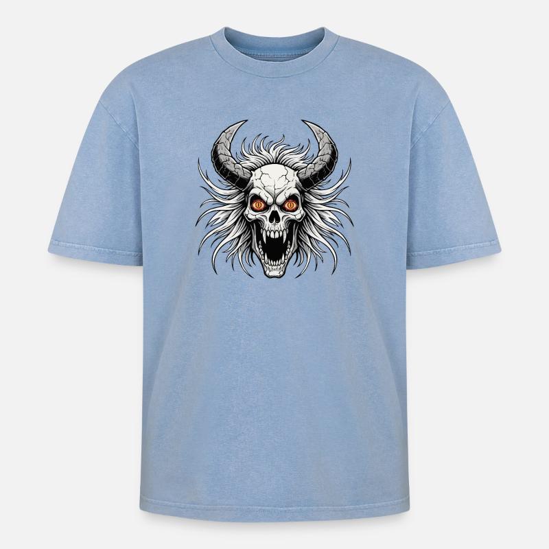 Teufelsschädel mit Hörnern - Oversized Unisex Premium Acid-Washed T-Shirt - Blau Acid Wash