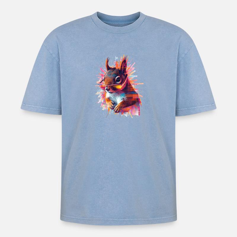 Neon Eichhörnchen mit Sonnenbrille – Glitch Art - Oversized Unisex Premium Acid-Washed T-Shirt - Blau Acid Wash