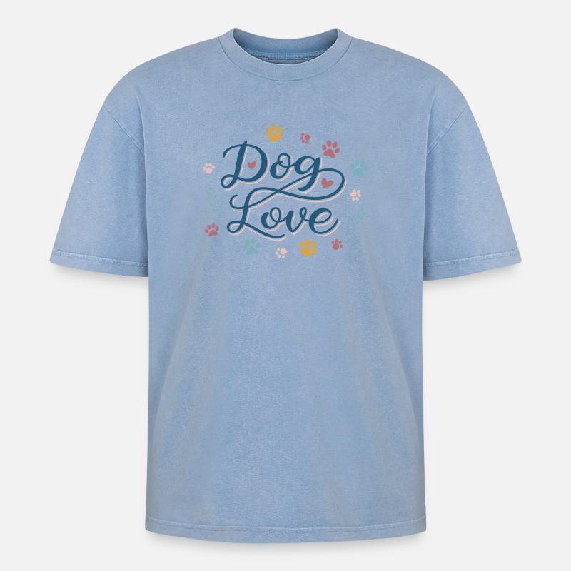 Dog Love Script Pastel Paw - T-shirt Premium unisexe oversize acid-washed - bleu délavé acide