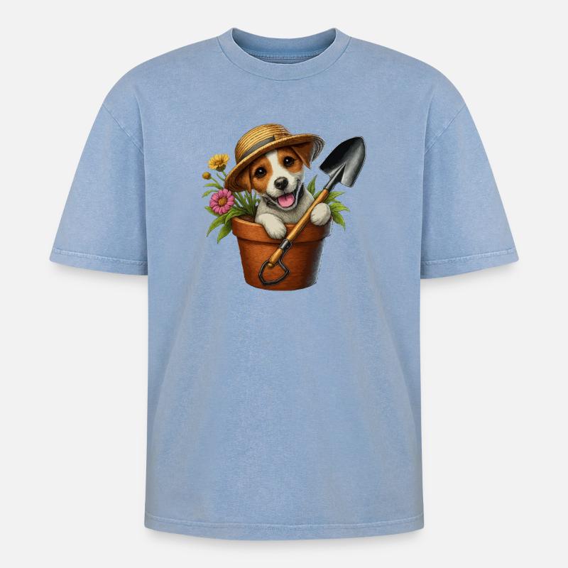 Jack Russell Terrier Blumentopf Gartendesign - Oversized Unisex Premium Acid-Washed T-Shirt - Blau Acid Wash