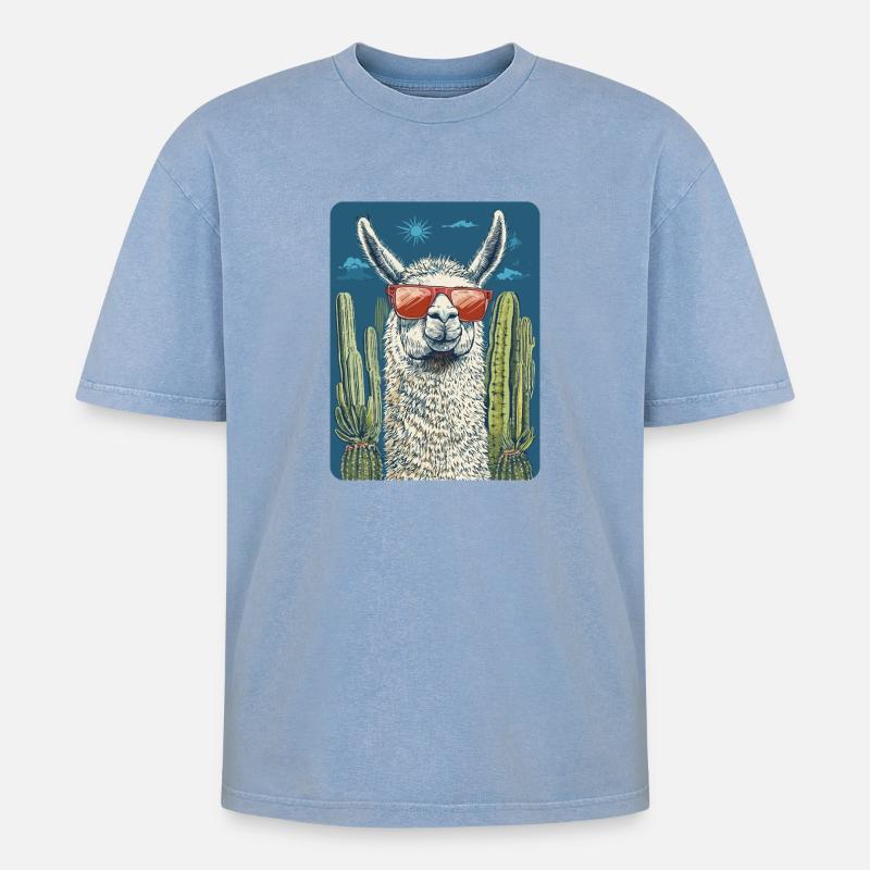 Lama - Oversized Unisex Premium Acid-Washed T-Shirt - Blau Acid Wash