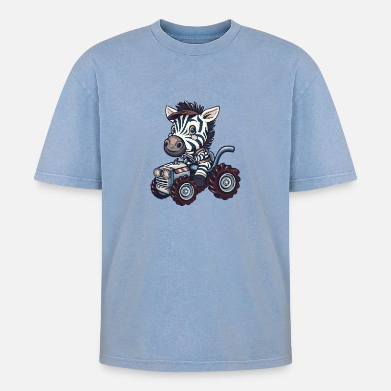 Zebra Traktor Farmer - Oversized Unisex Premium Acid-Washed T-Shirt - Blau Acid Wash