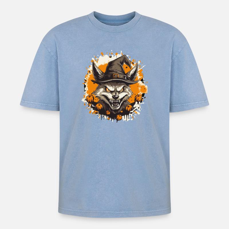 Waldwolf mit Halloweenhut - Oversized Unisex Premium Acid-Washed T-Shirt - Blau Acid Wash