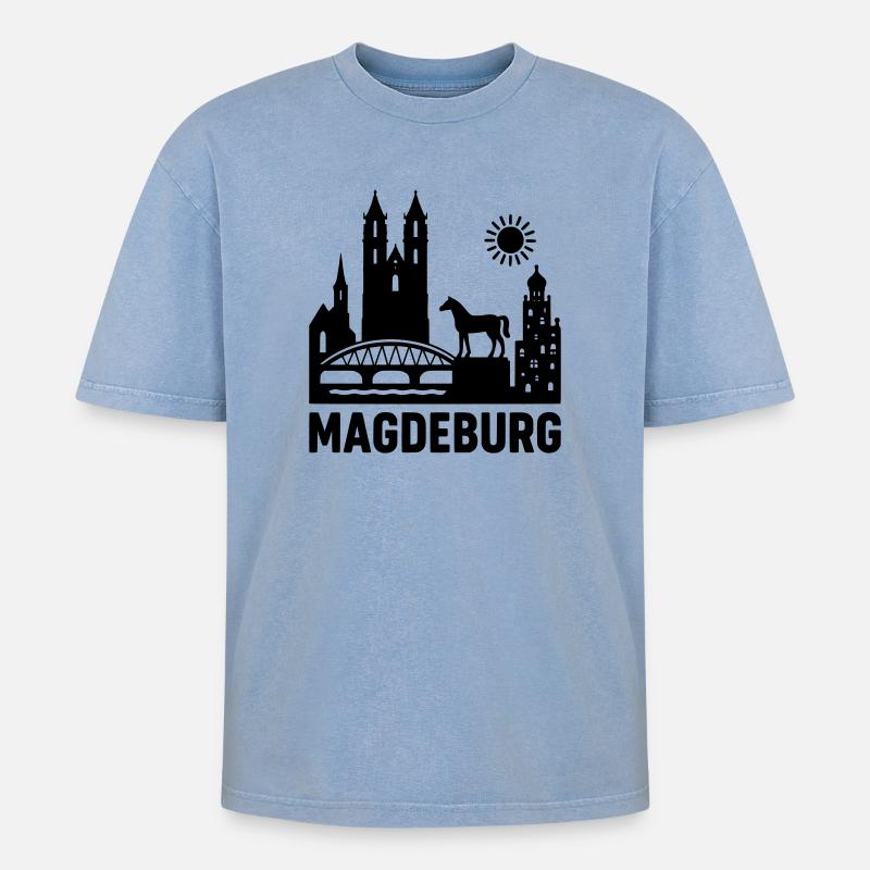 magdeburg silhouette - Oversized Unisex Premium Acid-Washed T-Shirt - Blau Acid Wash