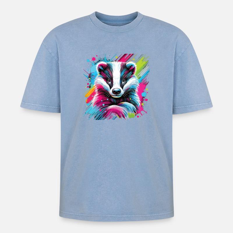 Neon Dachs Splash Kunst - Oversized Unisex Premium Acid-Washed T-Shirt - Blau Acid Wash