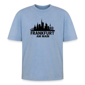 Frankfurt am Main Silhouette - Oversized Unisex Premium Acid-Washed T-Shirt - Blau Acid Wash - Vorne - AI Model Female 172 dark (172cm) & AI Model Male 185 dark (185cm)