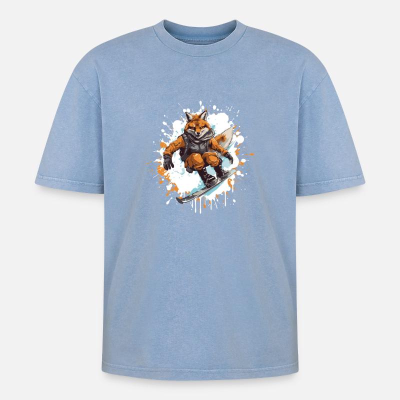 Fuchs Snowboard - Oversized Unisex Premium Acid-Washed T-Shirt - Blau Acid Wash