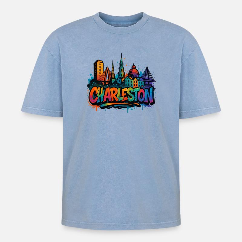 Charleston Skyline Graffiti - Oversized Unisex Premium Acid-Washed T-Shirt - acid washed blue