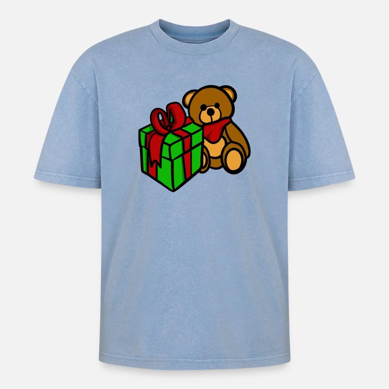 Teddy hat ein Geschenk - Oversized Unisex Premium Acid-Washed T-Shirt - Blau Acid Wash