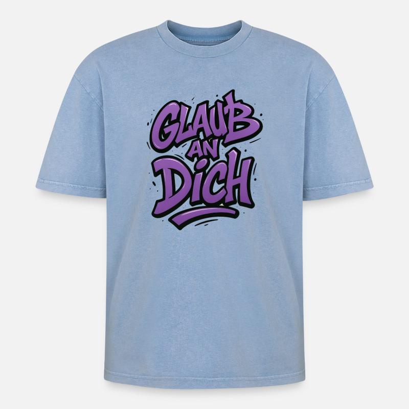 Glaub an Dich Graffiti - Oversized Unisex Premium Acid-Washed T-Shirt - Blau Acid Wash