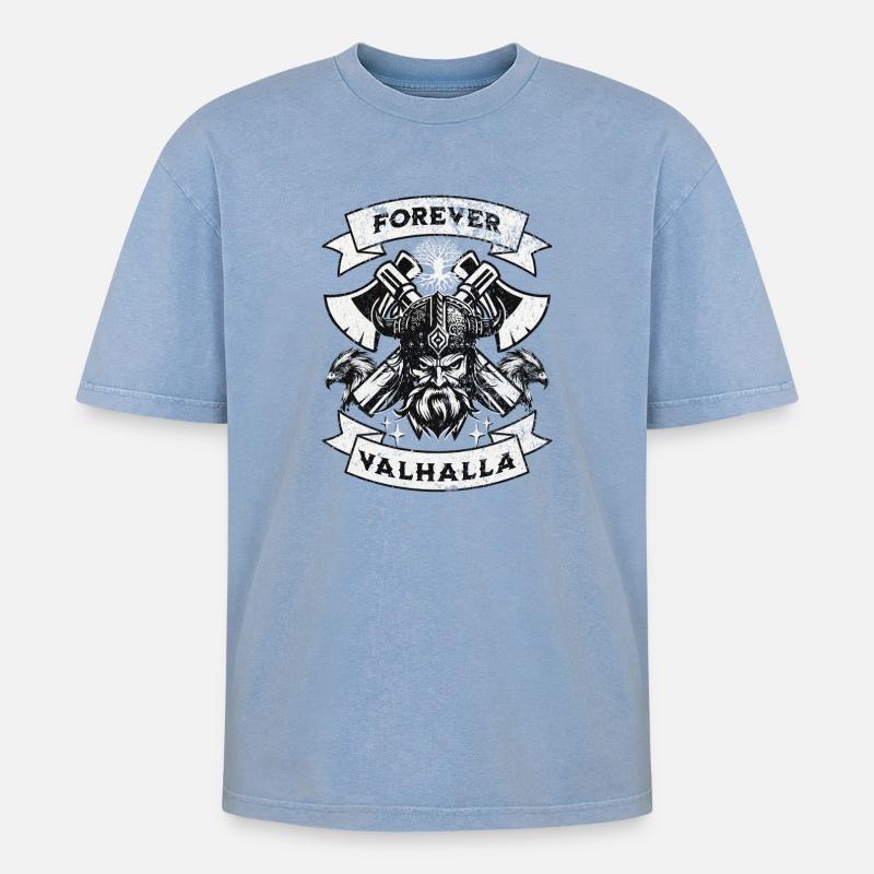 Forever Valhalla Wikinger Design - Oversized Unisex Premium Acid-Washed T-Shirt - Blau Acid Wash