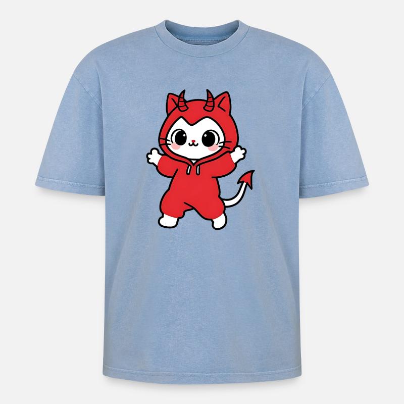 Cat Devil Kapuzenpullover Rot - Oversized Unisex Premium Acid-Washed T-Shirt - Blau Acid Wash