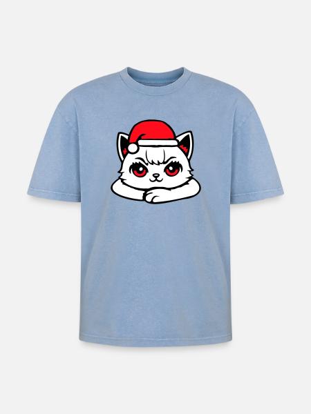 Cat Confident Santa Hat Cute Kitten - Oversized Unisex Premium Acid-Washed T-Shirt - acid washed blue