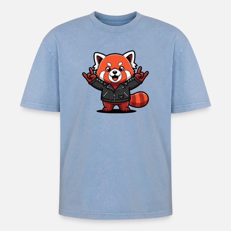 Roter Panda in Lederjacke - Oversized Unisex Premium Acid-Washed T-Shirt - Blau Acid Wash