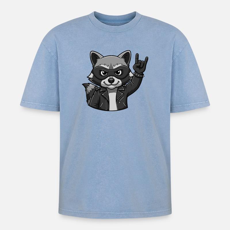 Rocker Waschbär mit Rock On Geste - Oversized Unisex Premium Acid-Washed T-Shirt - Blau Acid Wash