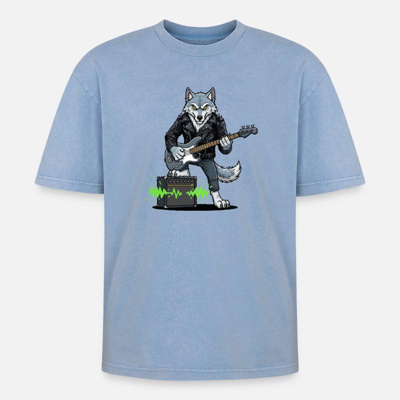 Rockerwolf mit Lederjacke - Oversized Unisex Premium Acid-Washed T-Shirt - Blau Acid Wash
