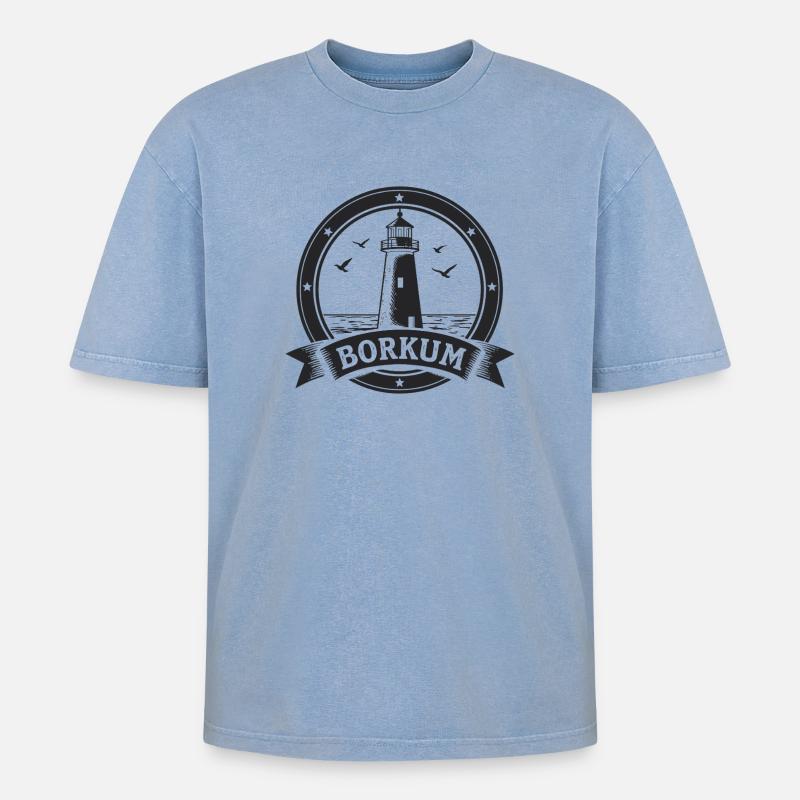 Leuchtturm Borkum Maritimes Emblem - Oversized Unisex Premium Acid-Washed T-Shirt - Blau Acid Wash