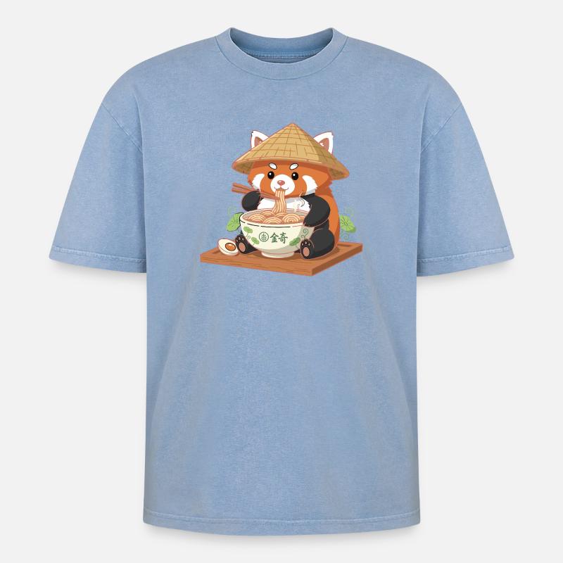 Panda Ramen mit Strohhut - Oversized Unisex Premium Acid-Washed T-Shirt - Blau Acid Wash