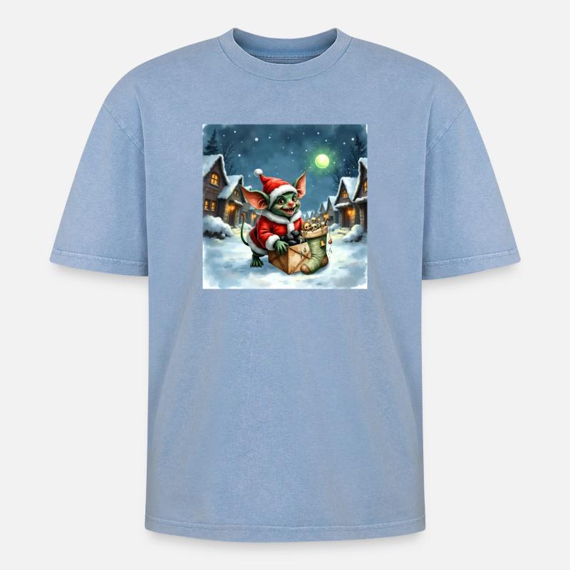 Weihnachtself schiebt verschneites Geschenk - Oversized Unisex Premium Acid-Washed T-Shirt - Blau Acid Wash