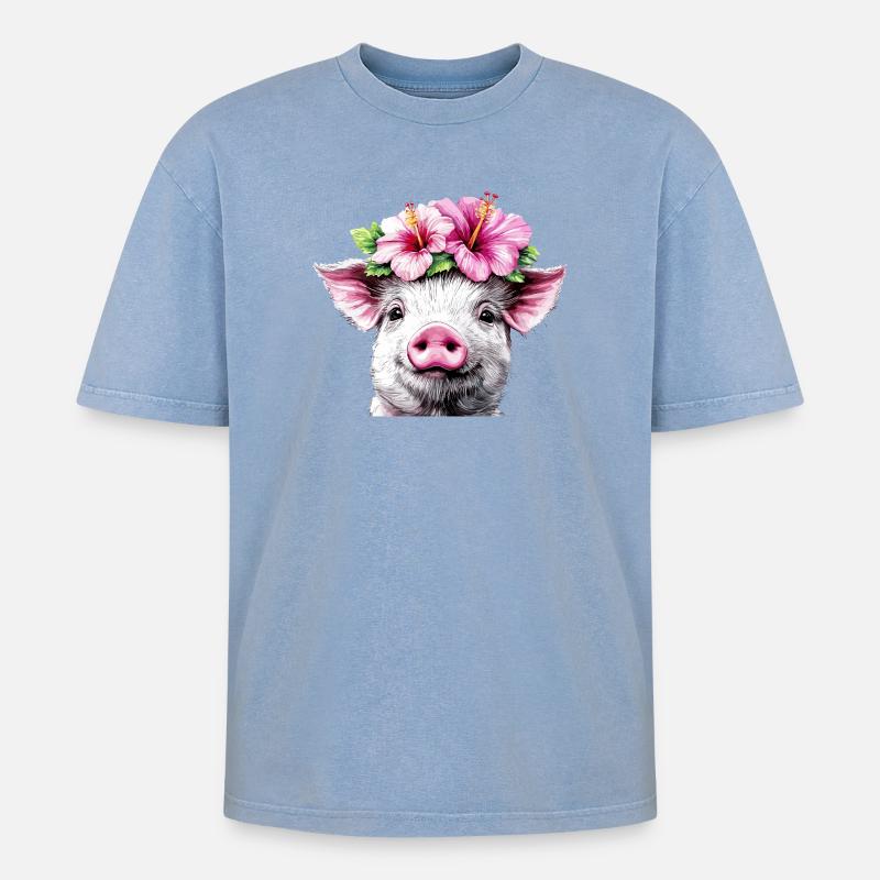 Hibiskuskrone Schwein - Oversized Unisex Premium Acid-Washed T-Shirt - Blau Acid Wash