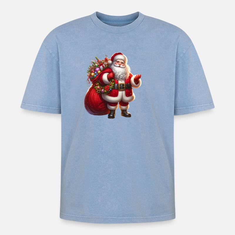 Weihnachtsmann mit Geschenksäckchen - Oversized Unisex Premium Acid-Washed T-Shirt - Blau Acid Wash