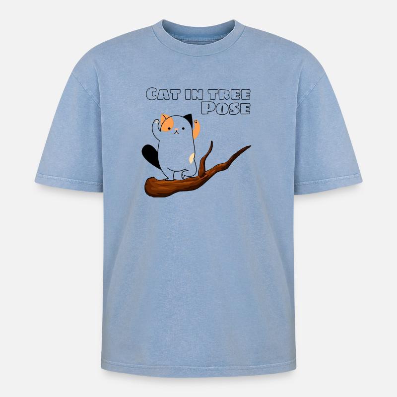 Katze in Baum-Pose - Oversized Unisex Premium Acid-Washed T-Shirt - Blau Acid Wash