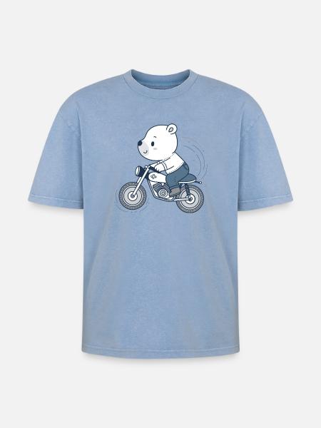 Biker Adventure Bear - Oversized Unisex Premium Acid-Washed T-Shirt - acid washed blue