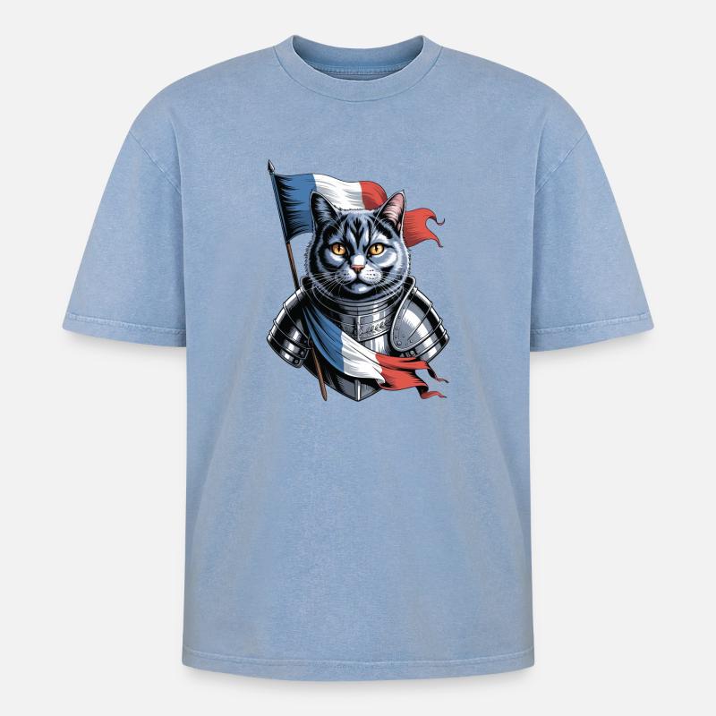 Frankreich Katze Ritter - Oversized Unisex Premium Acid-Washed T-Shirt - Blau Acid Wash
