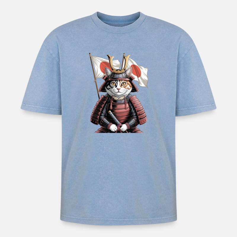 Japan Katze Samurai - Oversized Unisex Premium Acid-Washed T-Shirt - Blau Acid Wash